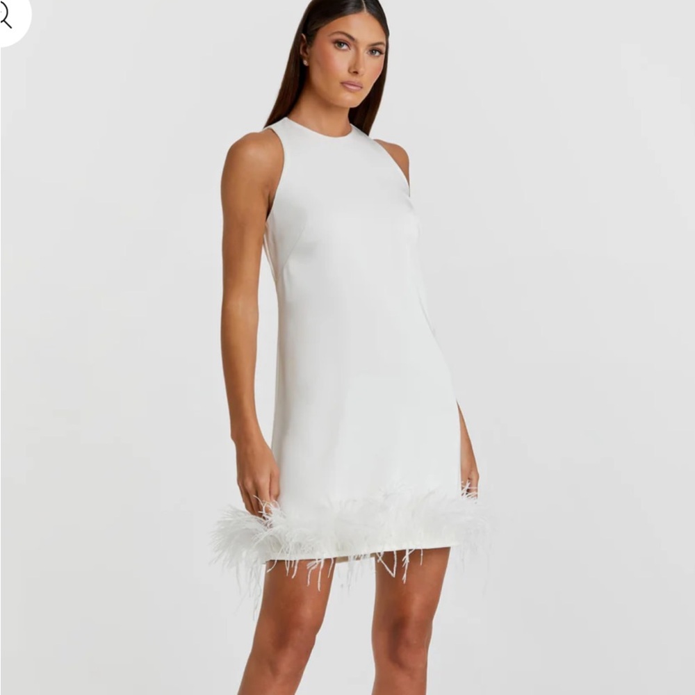 White Mac Duggal Dress with feather trim